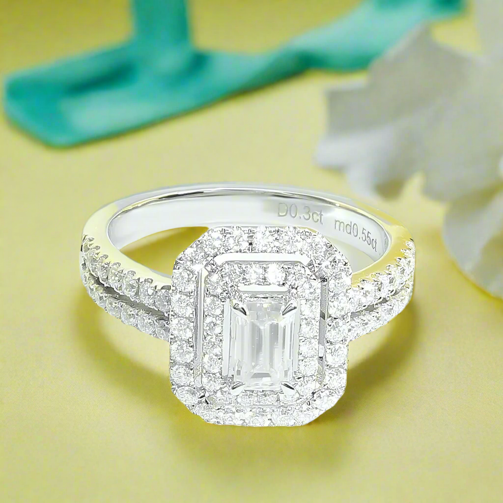 14k White Gold Double Halo Diamond Engagement Ring-Evani Naomi Jewelry