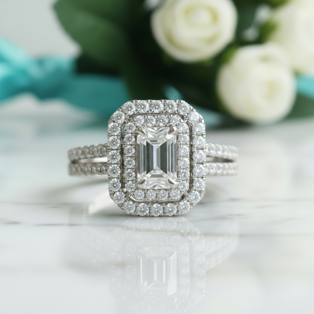 14k White Gold Double Halo Diamond Engagement Ring-Evani Jewelry