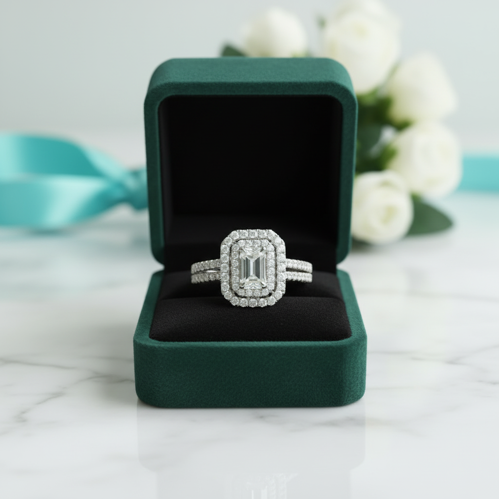 14k White Gold Double Halo Diamond Option Engagement Ring - Evani Naomi Jewelry