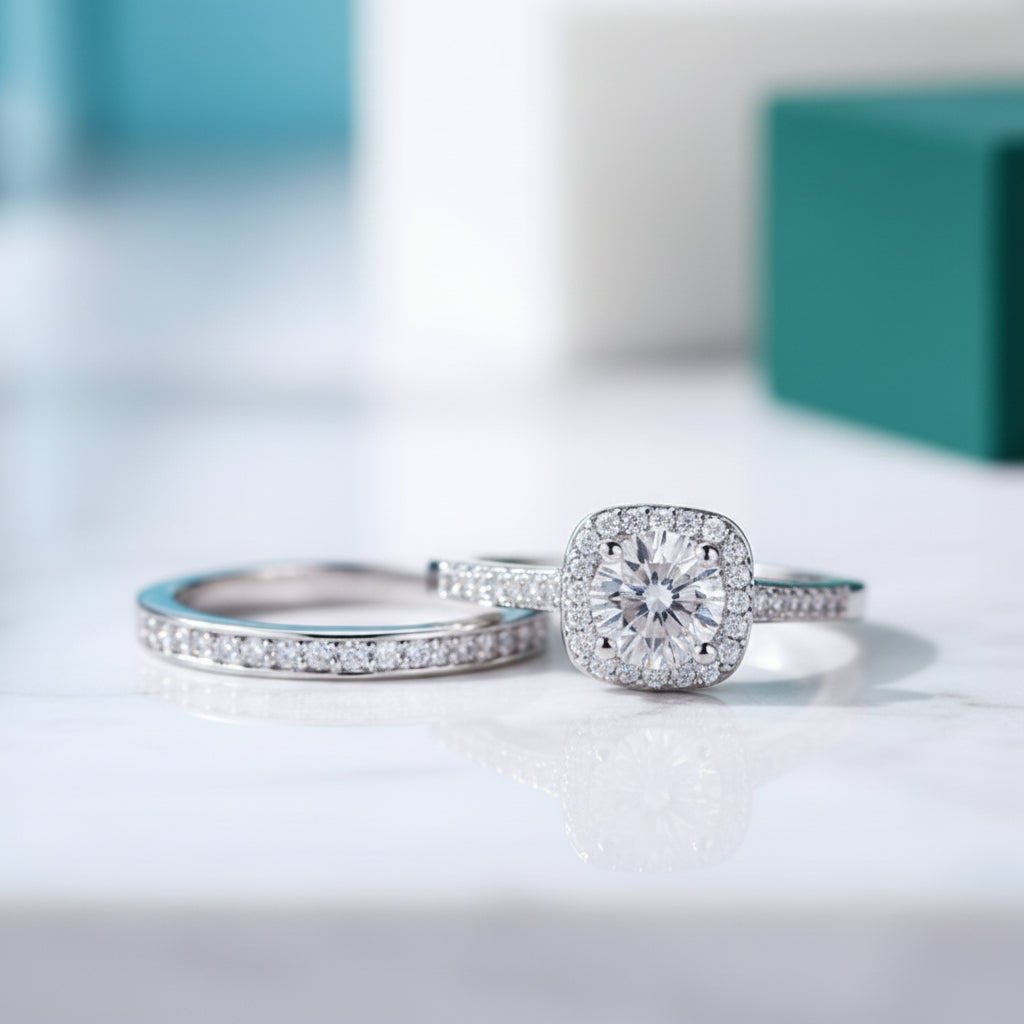 14k White Gold Halo Diamond Engagement Ring Set-Evani Jewelry