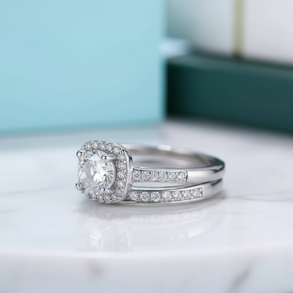 14k White Gold Halo Diamond Engagement Ring Set-Evani Jewelry