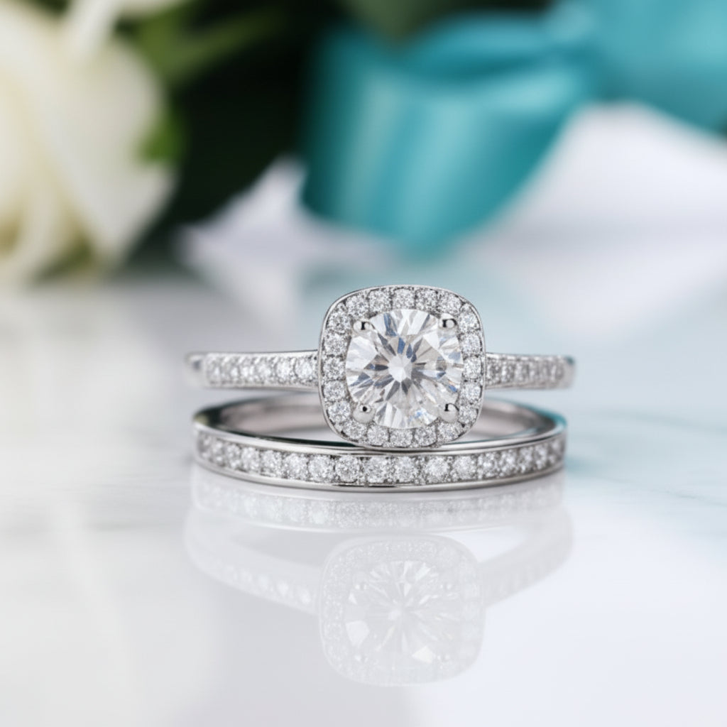 14k White Gold Halo Diamond Engagement Ring Set-Evani Jewelry