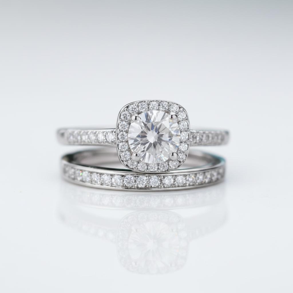 14k White Gold Halo Diamond Option Engagement Ring Set - Evani Naomi Jewelry
