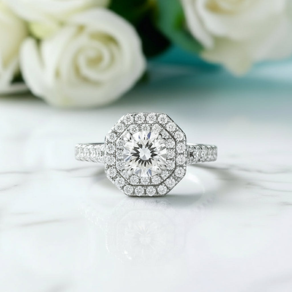 14k White Gold Round Cut Halo Diamond Birthstone Engagement Ring-Evani Jewelry