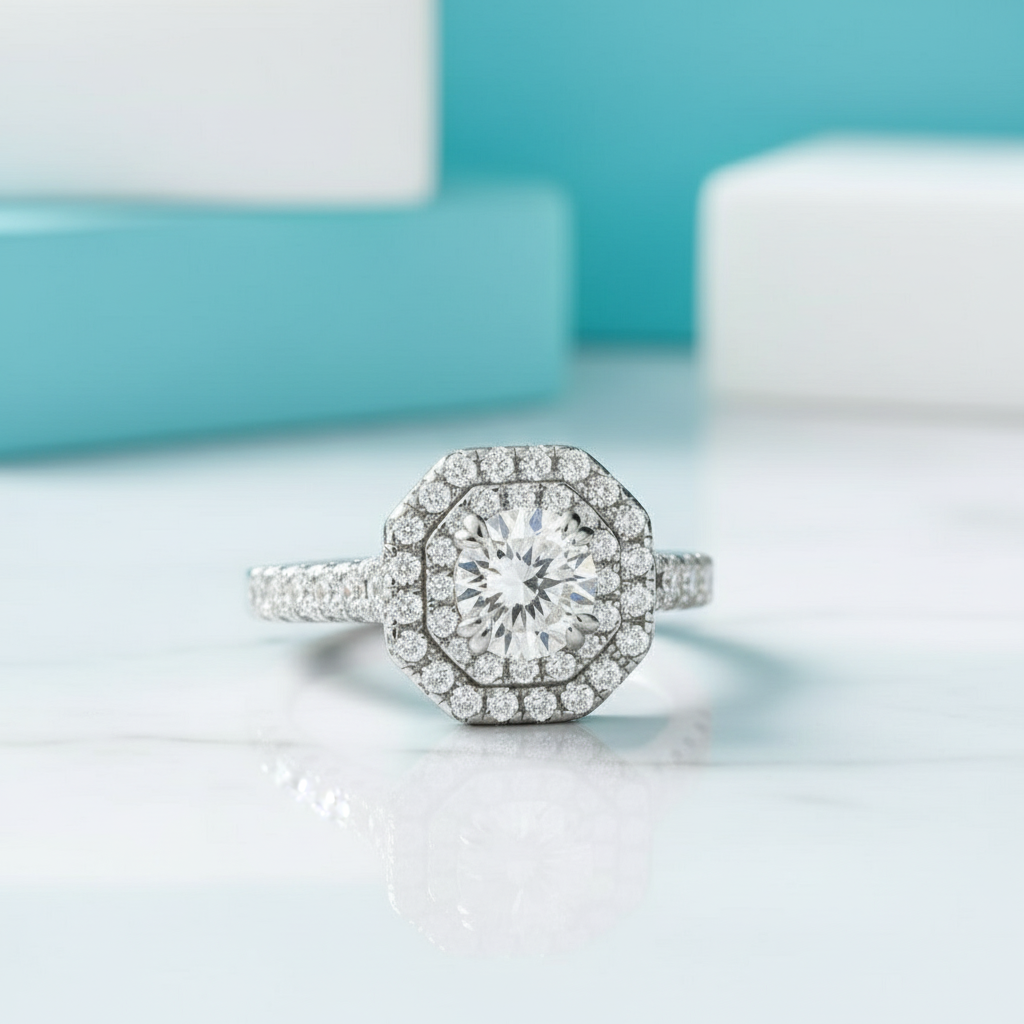 14k White Gold Round Cut Halo Diamond Birthstone Engagement Ring-Evani Jewelry