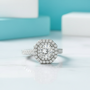 14k White Gold Round Cut Halo Diamond Birthstone Engagement Ring-Evani Jewelry