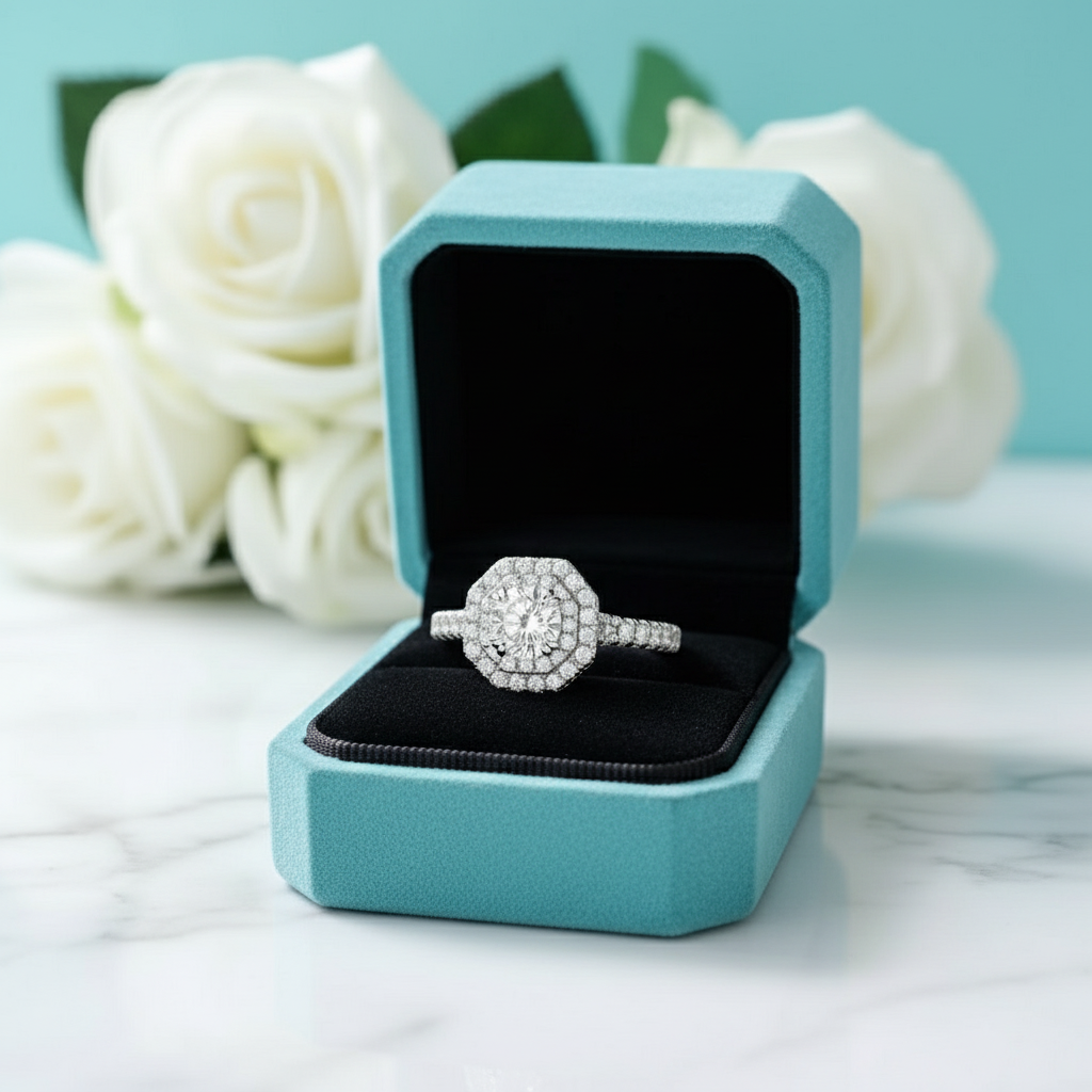 14k White Gold Round Cut Halo Diamond Birthstone Engagement Ring-Evani Jewelry