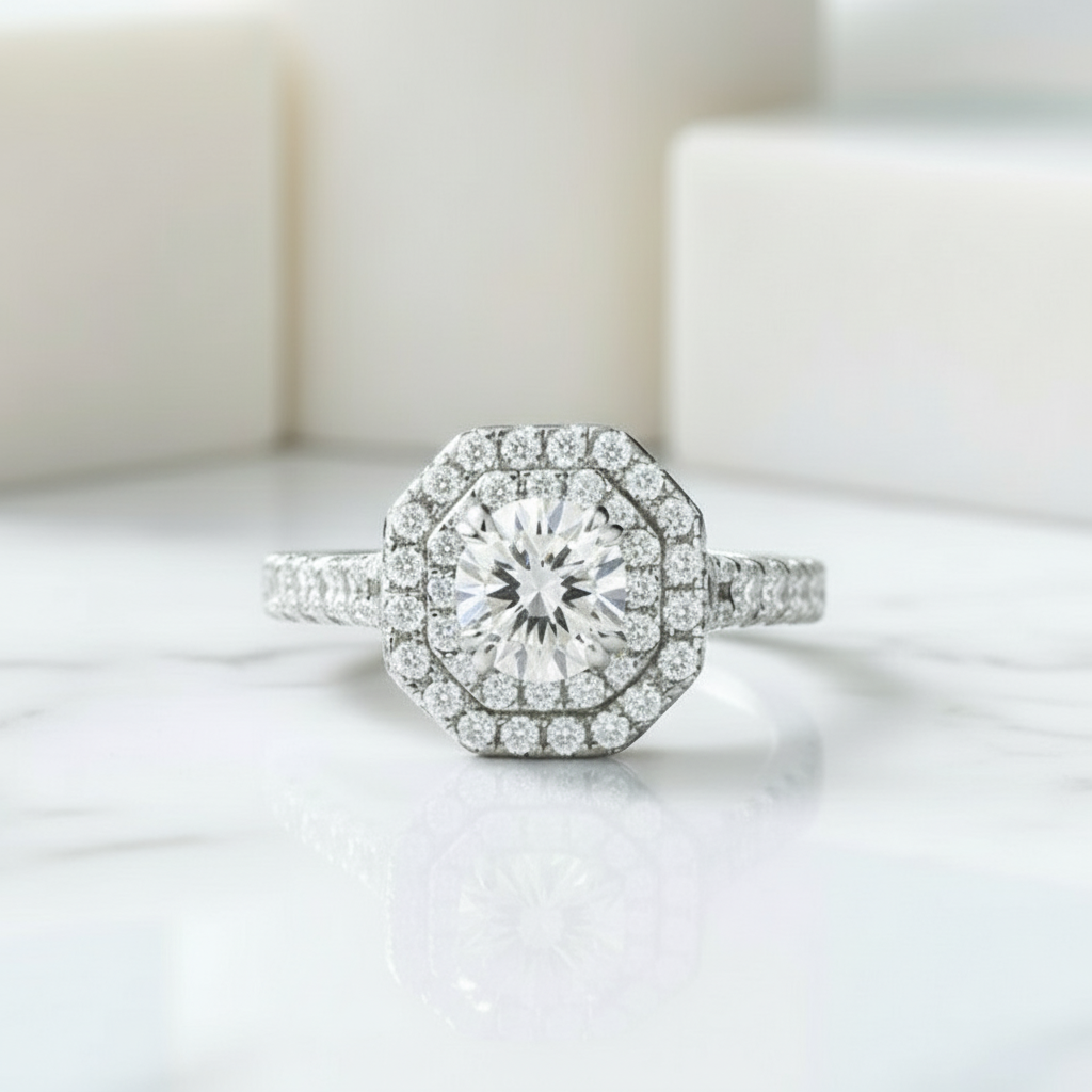 14k White Gold Round Cut Halo Diamond Birthstone Engagement Ring-Evani Jewelry