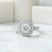 14k White Gold Round Cut Halo Diamond Birthstone Engagement Ring-Evani Jewelry