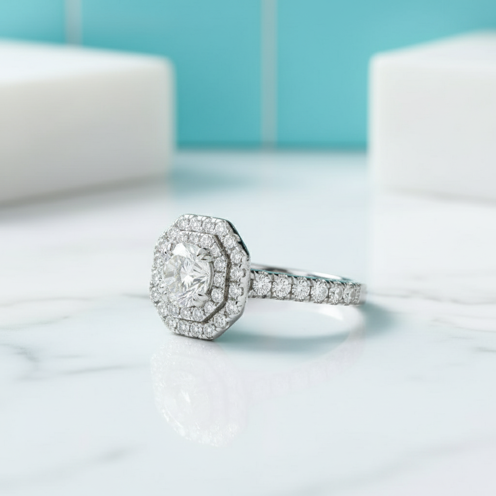 14k White Gold Round Cut Halo Diamond Birthstone Engagement Ring-Evani Jewelry