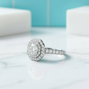 14k White Gold Round Cut Halo Diamond Birthstone Engagement Ring-Evani Jewelry