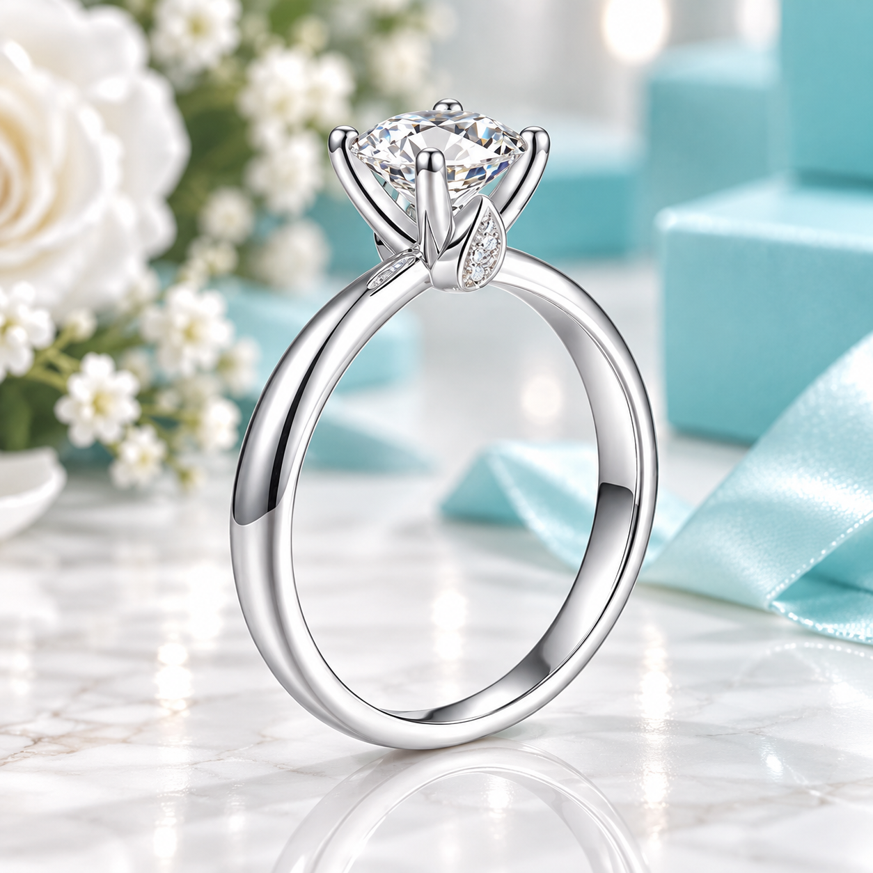 A silver-toned solitaire engagement ring with a large round brilliant-cut diamond and a small accent stone, displayed on a marble surface with light blue gift boxes and white flowers in the background.