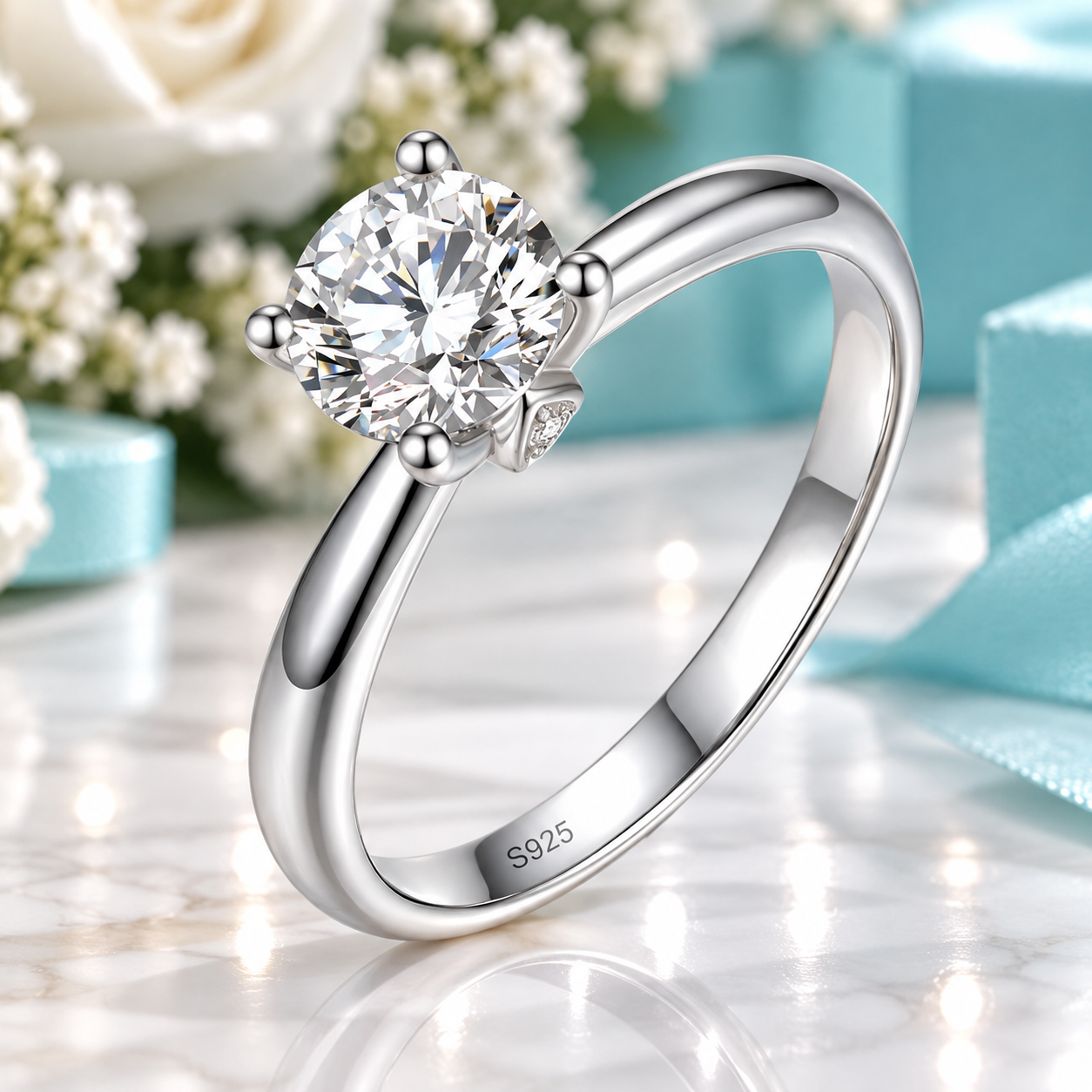 A silver solitaire engagement ring with a round brilliant-cut diamond set in a four-prong setting, resting on a reflective marble surface with soft-focus turquoise gift boxes and white flowers in the background.