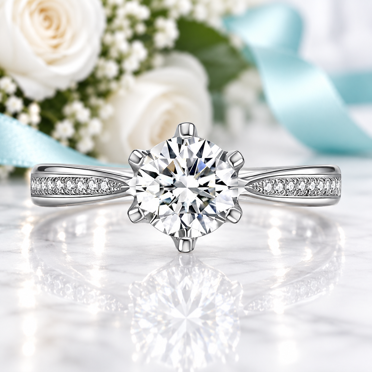 A radiant cluster solitaire engagement ring with a round brilliant-cut center stone and pavé-set side stones on a polished silver-toned band, displayed on a reflective white marble surface with white roses and a light blue ribbon in the background.