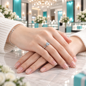 A close-up of a person's hands resting on a marble surface, wearing a silver ring with a round-cut clear gemstone. The background is a softly blurred luxury jewelry store interior with teal accents and white flowers.