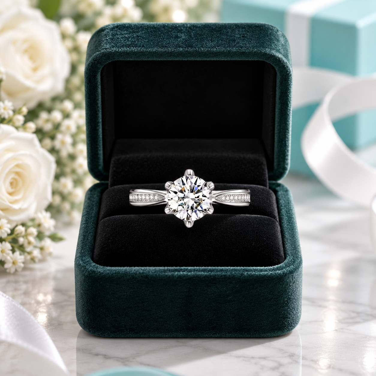 A silver solitaire engagement ring with a round-cut center stone and small side stones, displayed in an open dark green velvet ring box on a marble surface with white roses and a gift box in the background.