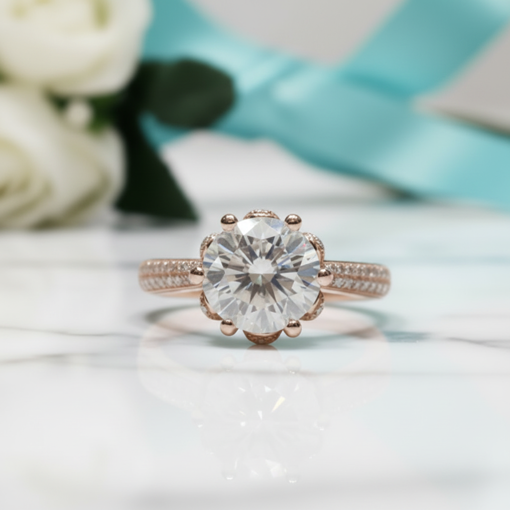 18K Rose Gold 2.0 Ct Round Cut Diamond Blossom Engagement Ring-Evani Jewelry