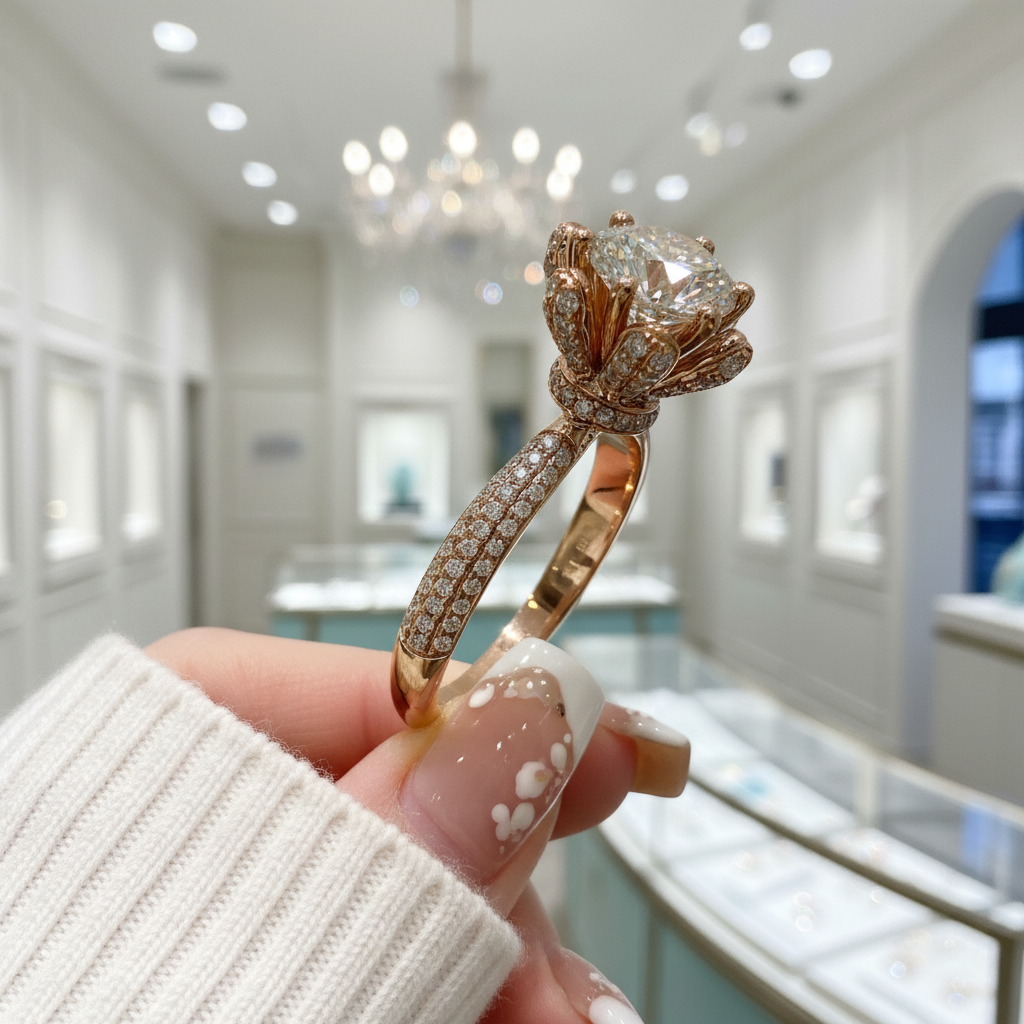 18K Rose Gold Round Cut Diamond Engagement Ring-Evani Jewelry