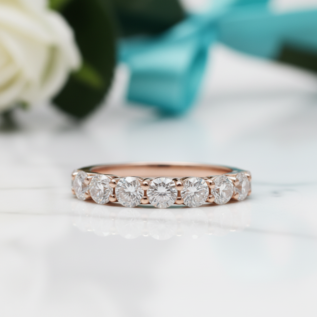 18K Rose Gold Round Cut Diamond Wedding Band-Evani Jewelry