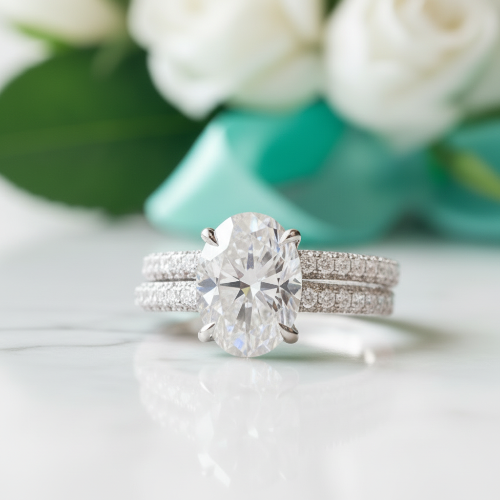 18K White Gold Oval Diamond Engagement Ring Set-Evani Jewelry