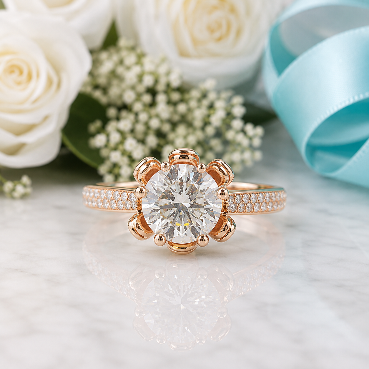 A rose gold engagement ring with a large round-cut clear center stone and a halo setting, accented with small pavé stones on the band, displayed on a light marble surface with white roses, greenery, and a light blue ribbon in the background.