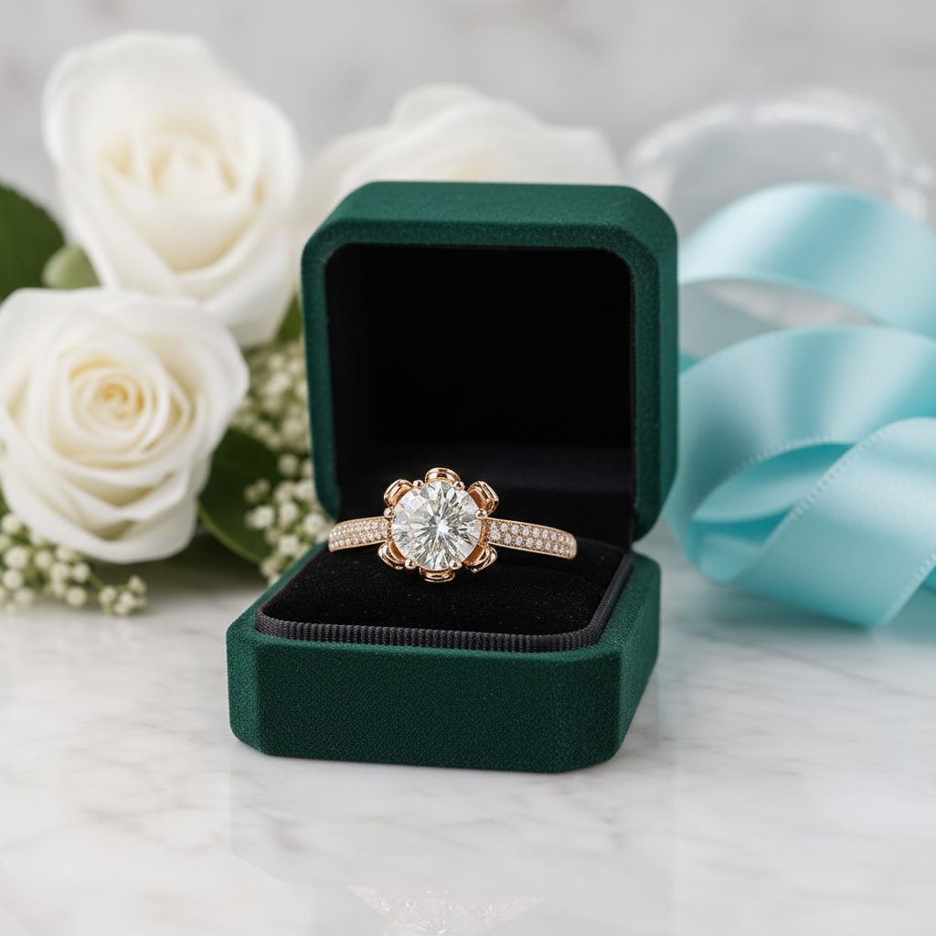 A rose gold engagement ring with a large round-cut center stone and pavé side stones, displayed in an open dark green velvet ring box on a white marble surface, with white roses and a light blue ribbon in the background.