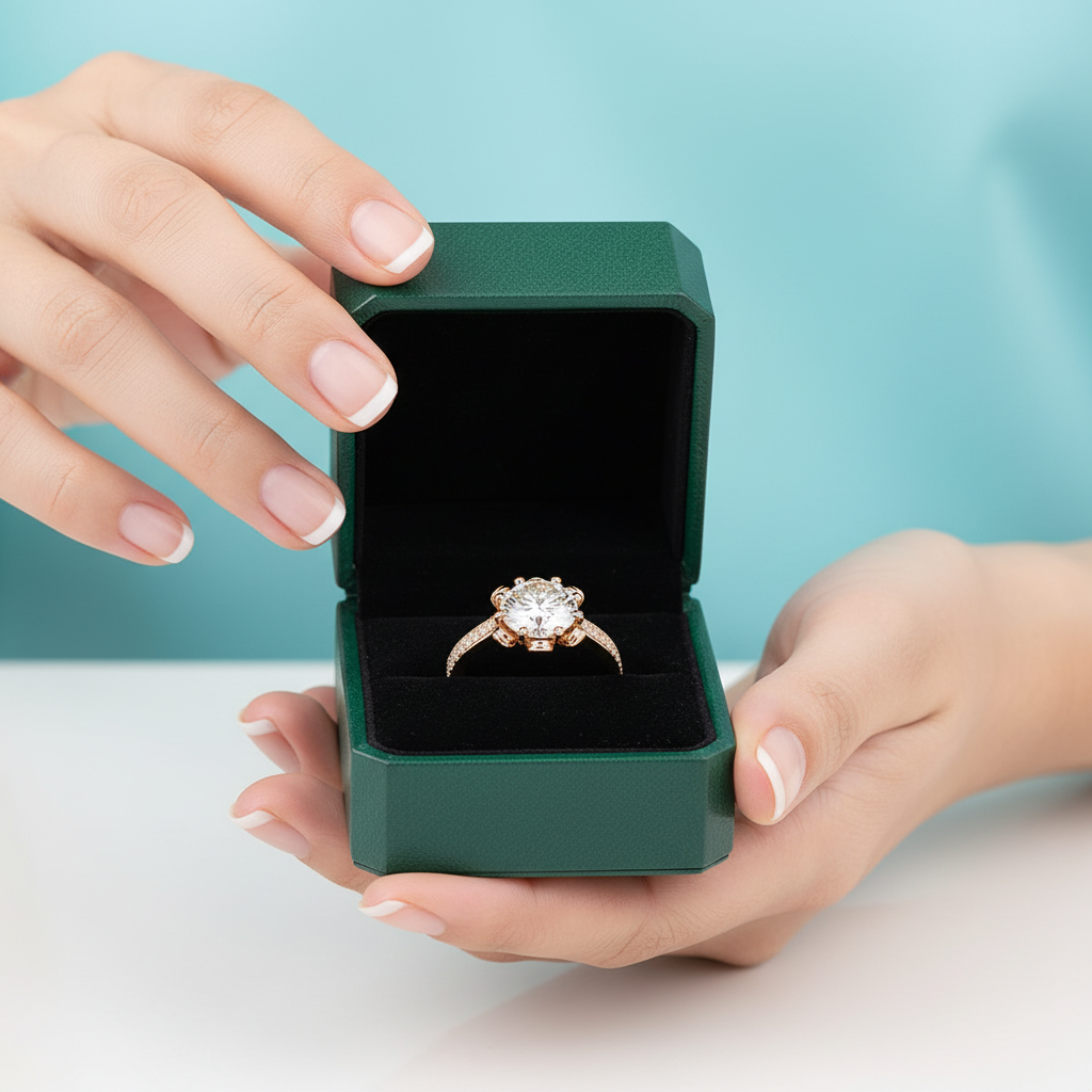 A rose gold engagement ring with a large round-cut clear center stone and small side stones, displayed inside an open dark green jewelry box held by two hands against a light blue background.
