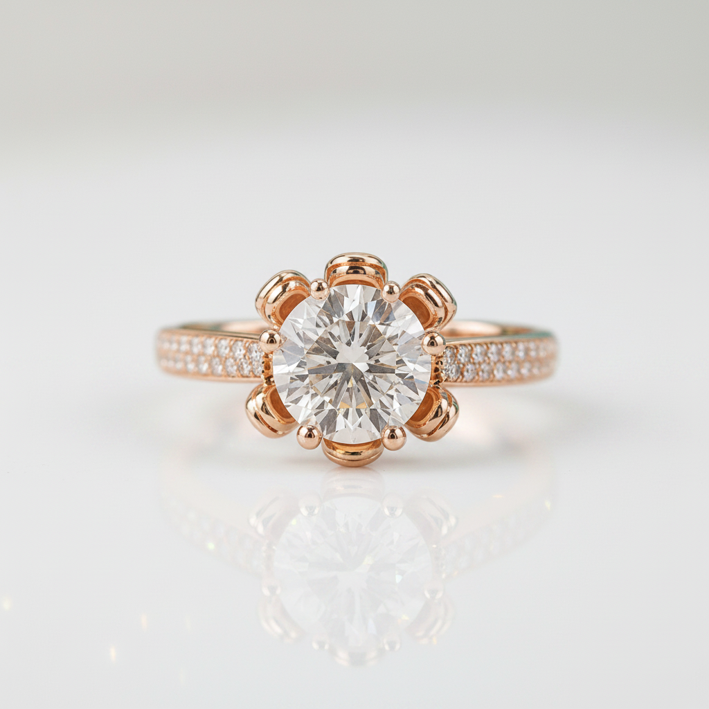 A rose gold flower halo engagement ring with a round-cut center stone and pavé-set side stones, shown on a clean white reflective surface.