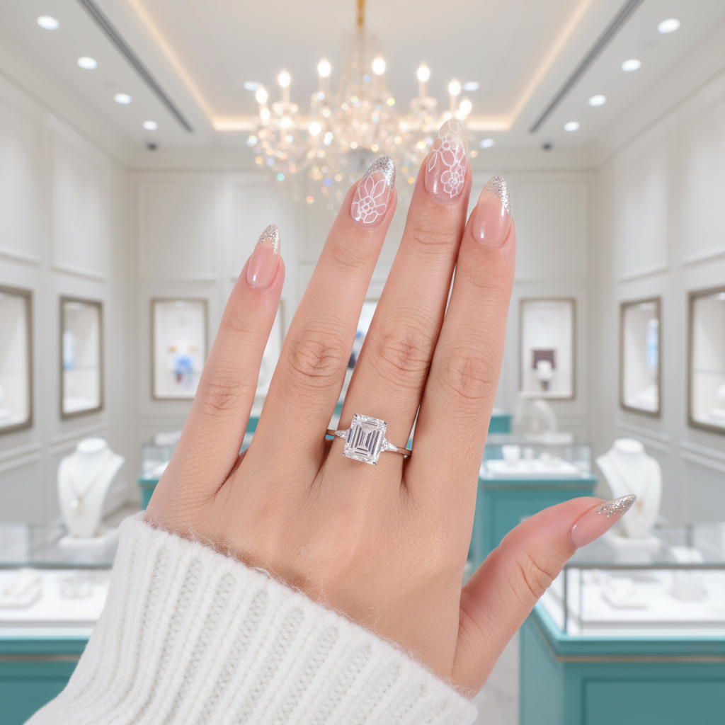 18k White Gold Emerald Cut Diamond Hidden Halo Engagement Ring-Evani Jewelry