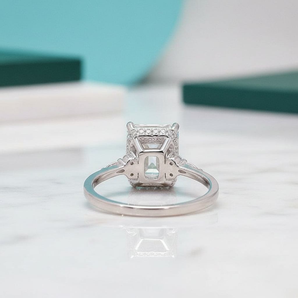 18k White Gold Emerald Cut Diamond Hidden Halo Engagement Ring-Evani Jewelry