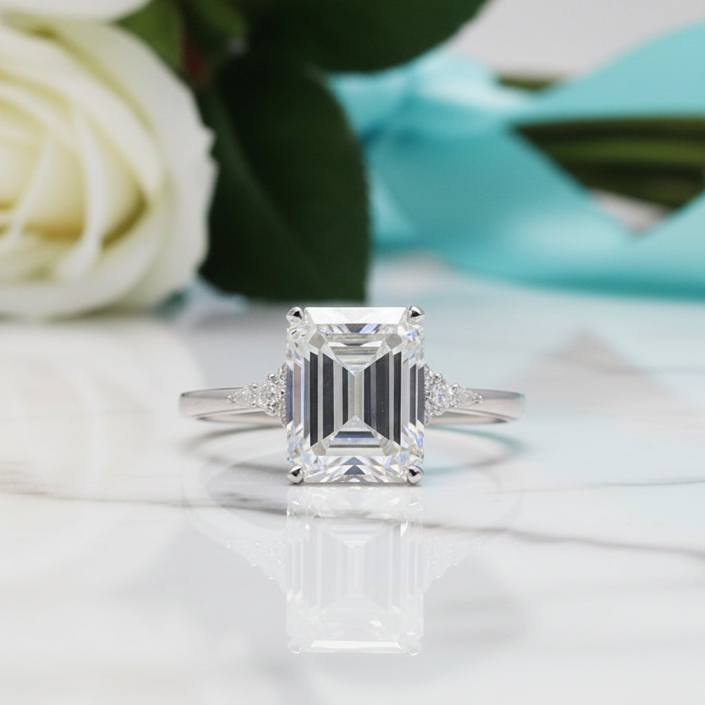 18k White Gold Emerald Cut Diamond Hidden Halo Engagement Ring-Evani Jewelry