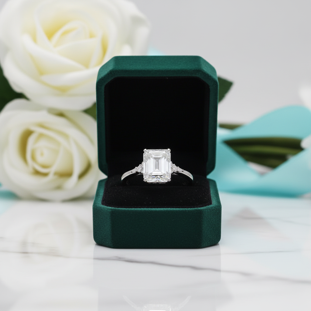 18k White Gold Emerald Cut Diamond Option Hidden Halo Engagement Ring