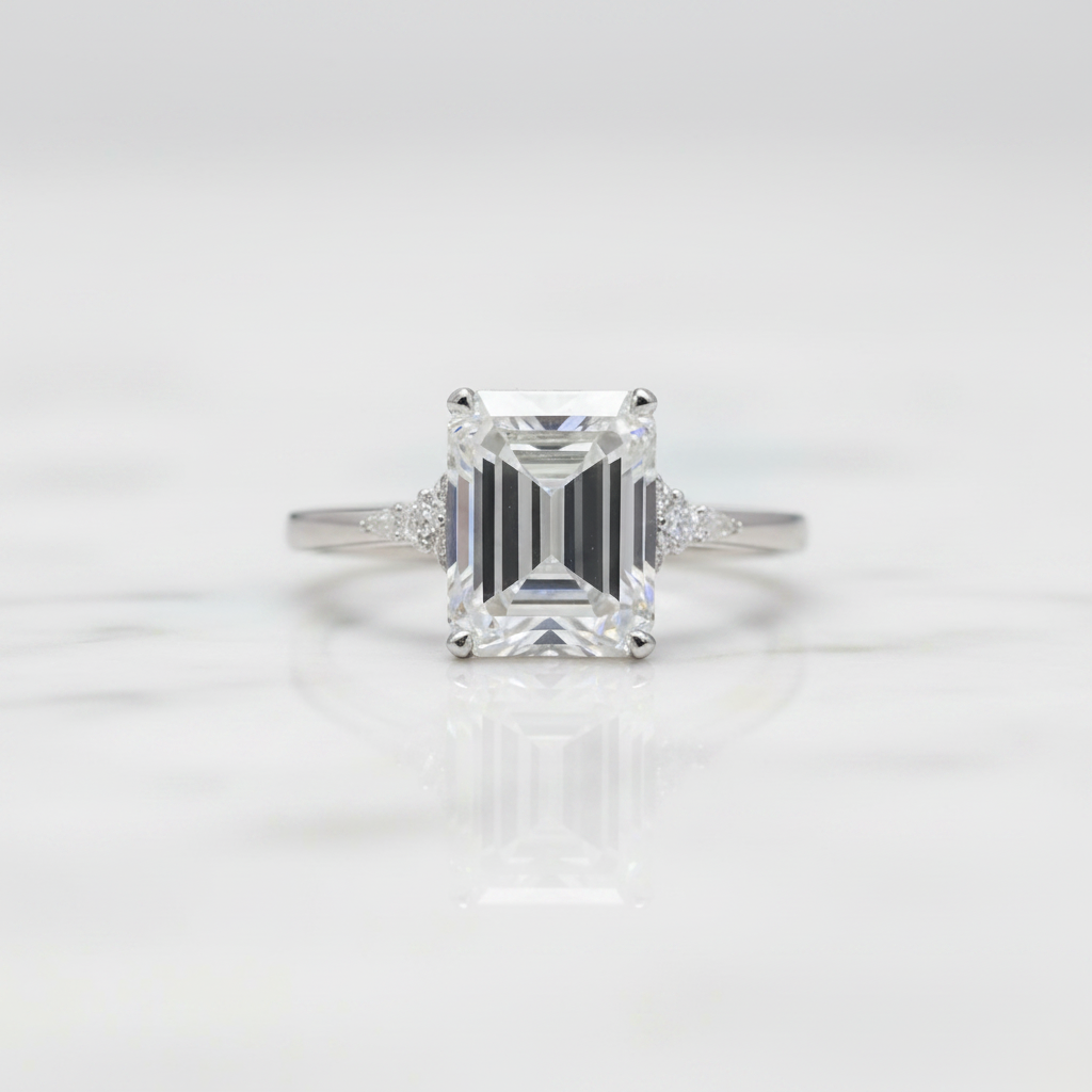 18k White Gold Emerald Cut Diamond Option Hidden Halo Engagement Ring