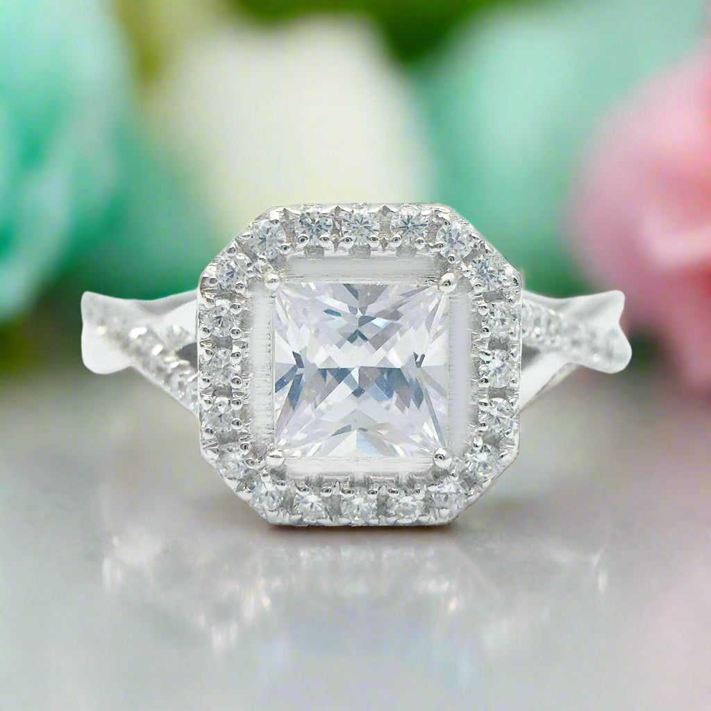 18k White Gold Princess Cut Diamond Halo Engagement Ring-Evani Jewelry