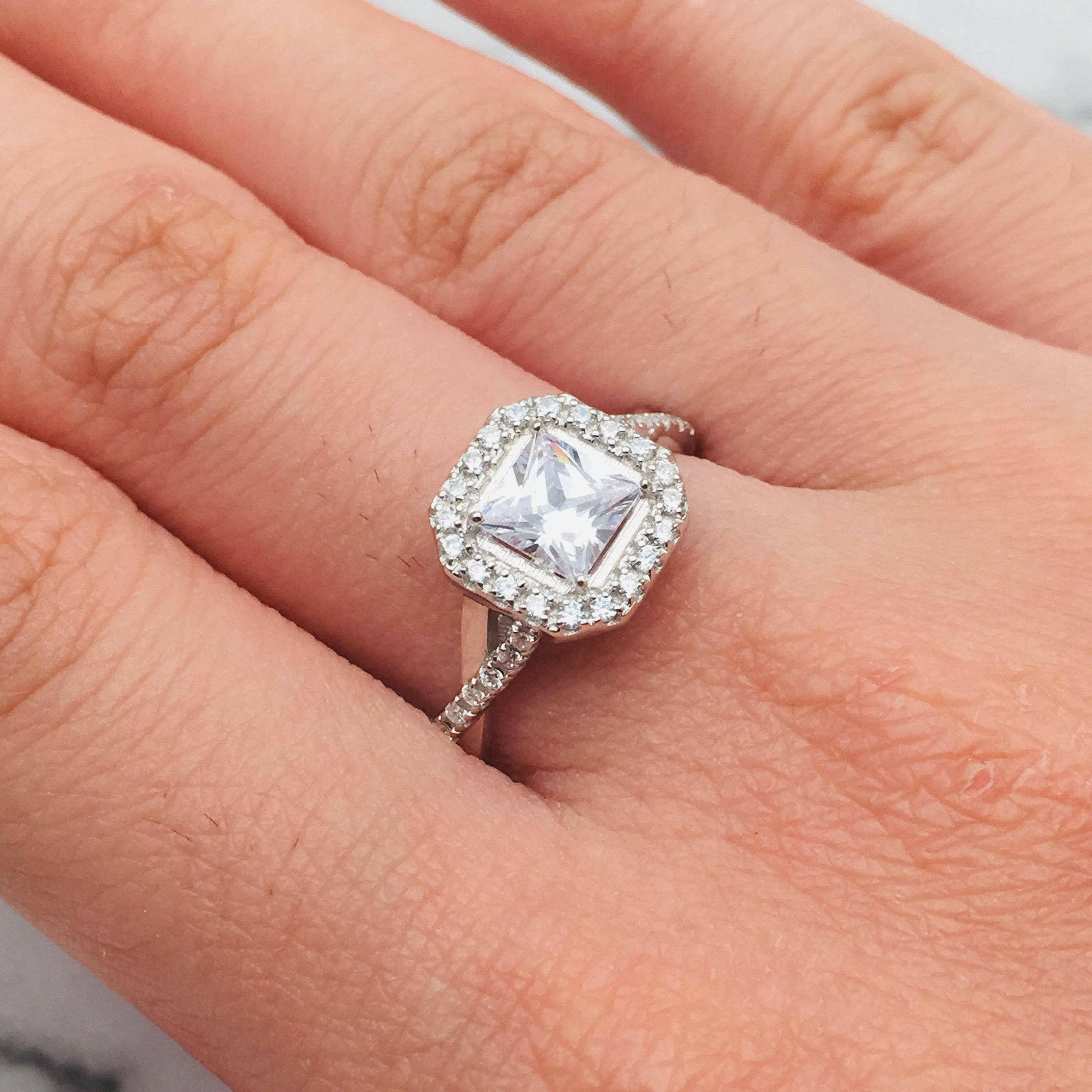 18k White Gold Princess Cut Diamond Halo Engagement Ring-Evani Naomi Jewelry