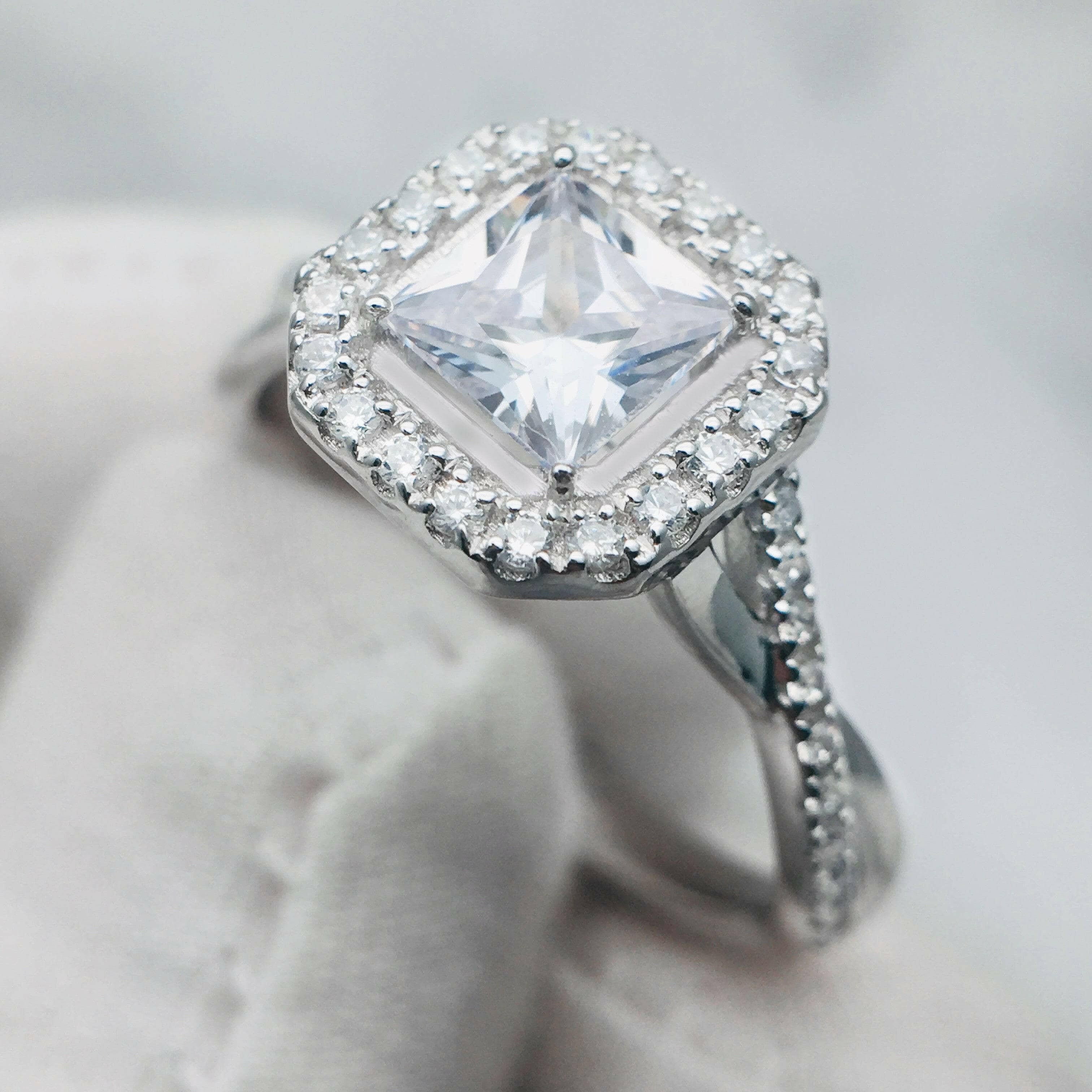 18k White Gold Princess Cut Diamond Halo Engagement Ring-Evani Naomi Jewelry