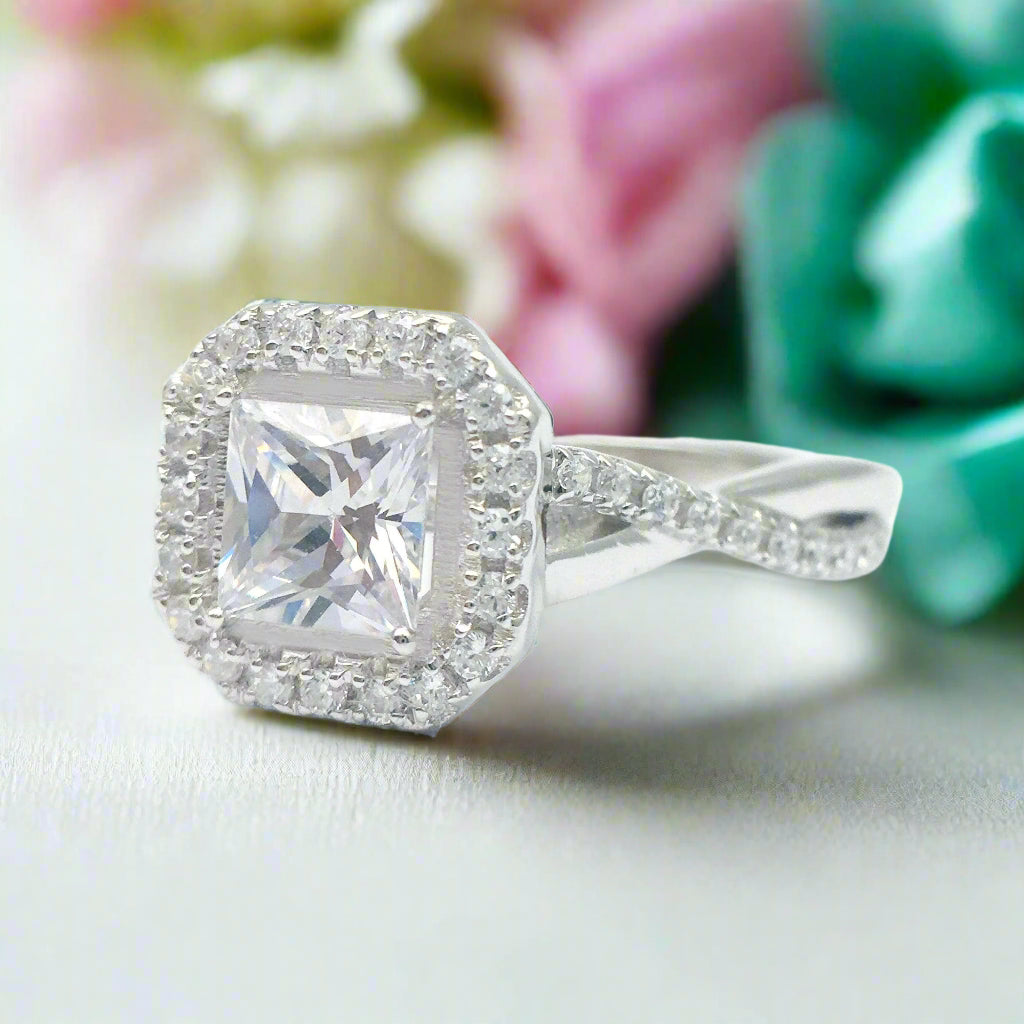 18k White Gold Princess Cut Diamond Halo Engagement Ring-Evani Jewelry