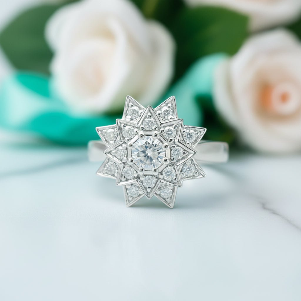 18k White Gold Round Diamond Sunflower Design Engagement Ring-Evani Jewelry