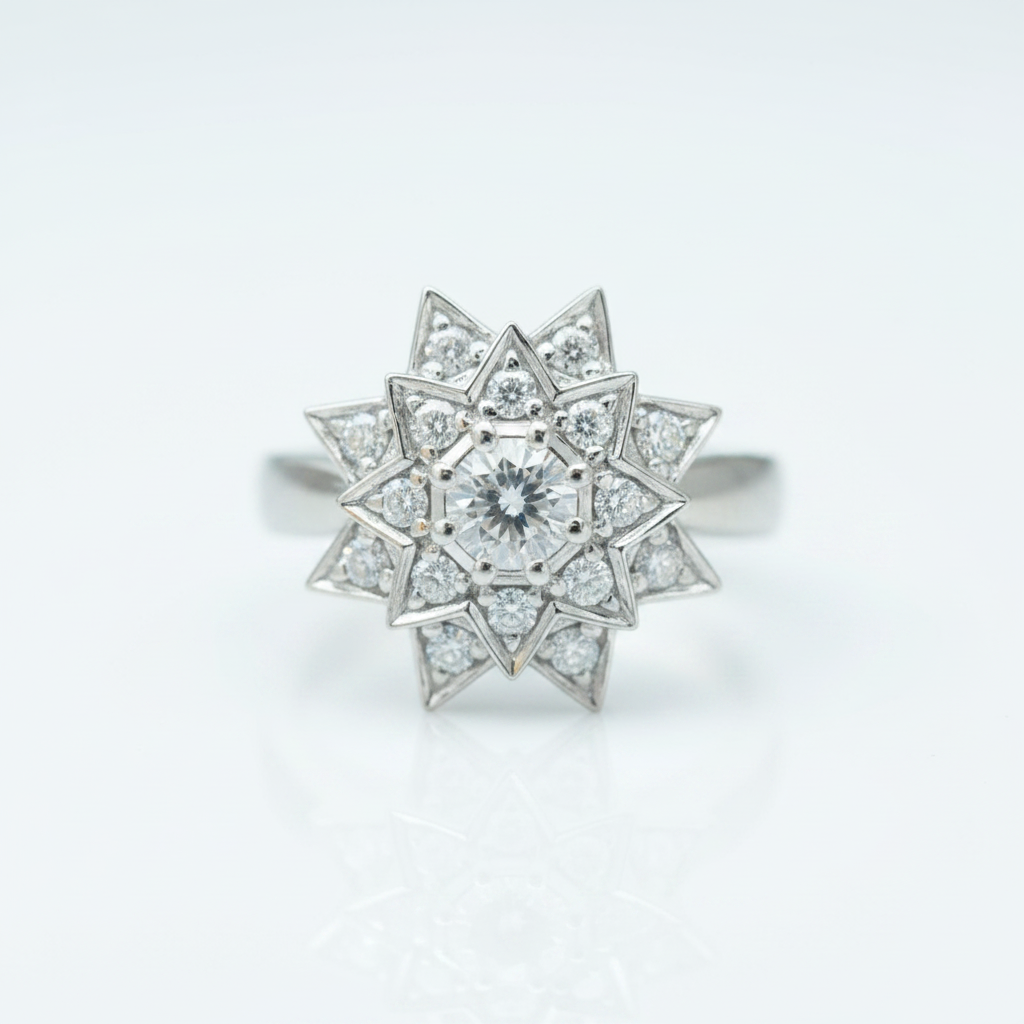 18k White Gold Round Diamond Option Sunflower Design Engagement Ring - Evani Naomi Jewelry