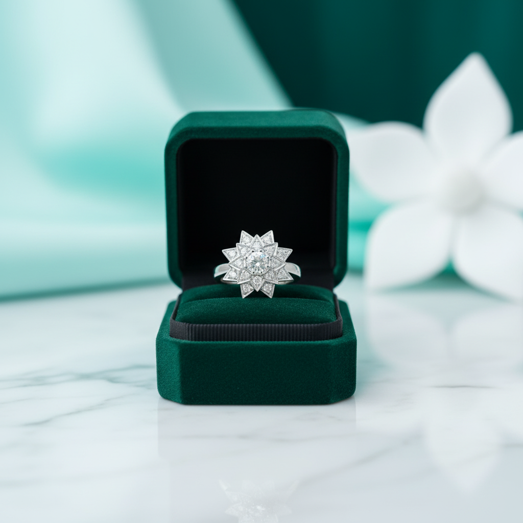18k White Gold Round Diamond Option Sunflower Design Engagement Ring - Evani Naomi Jewelry
