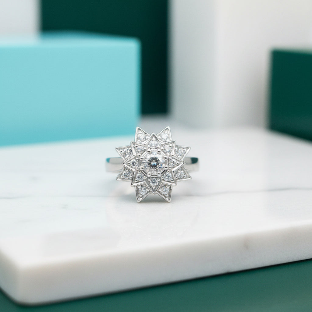 18k White Gold Round Diamond Sunflower Design Engagement Ring-Evani Jewelry