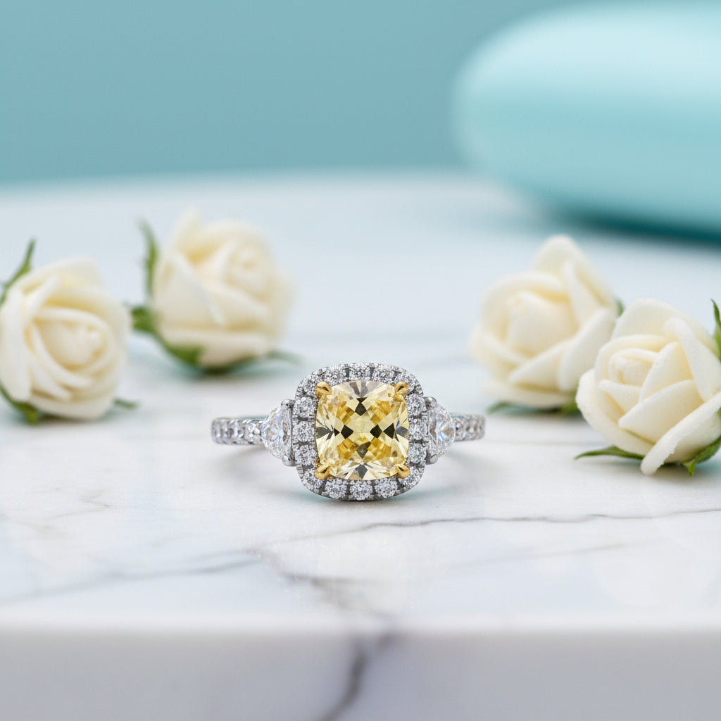18k White Gold Yellow Cushion Cut Diamond Halo Engagement Ring-Evani Naomi Jewelry