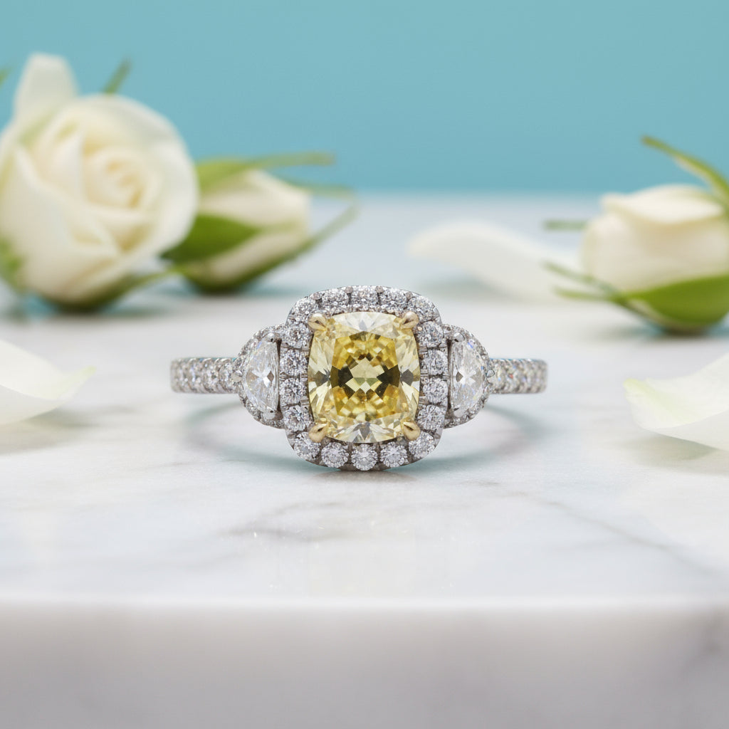 18k White Gold Yellow Cushion Cut Diamond Halo Engagement Ring-Evani Naomi Jewelry