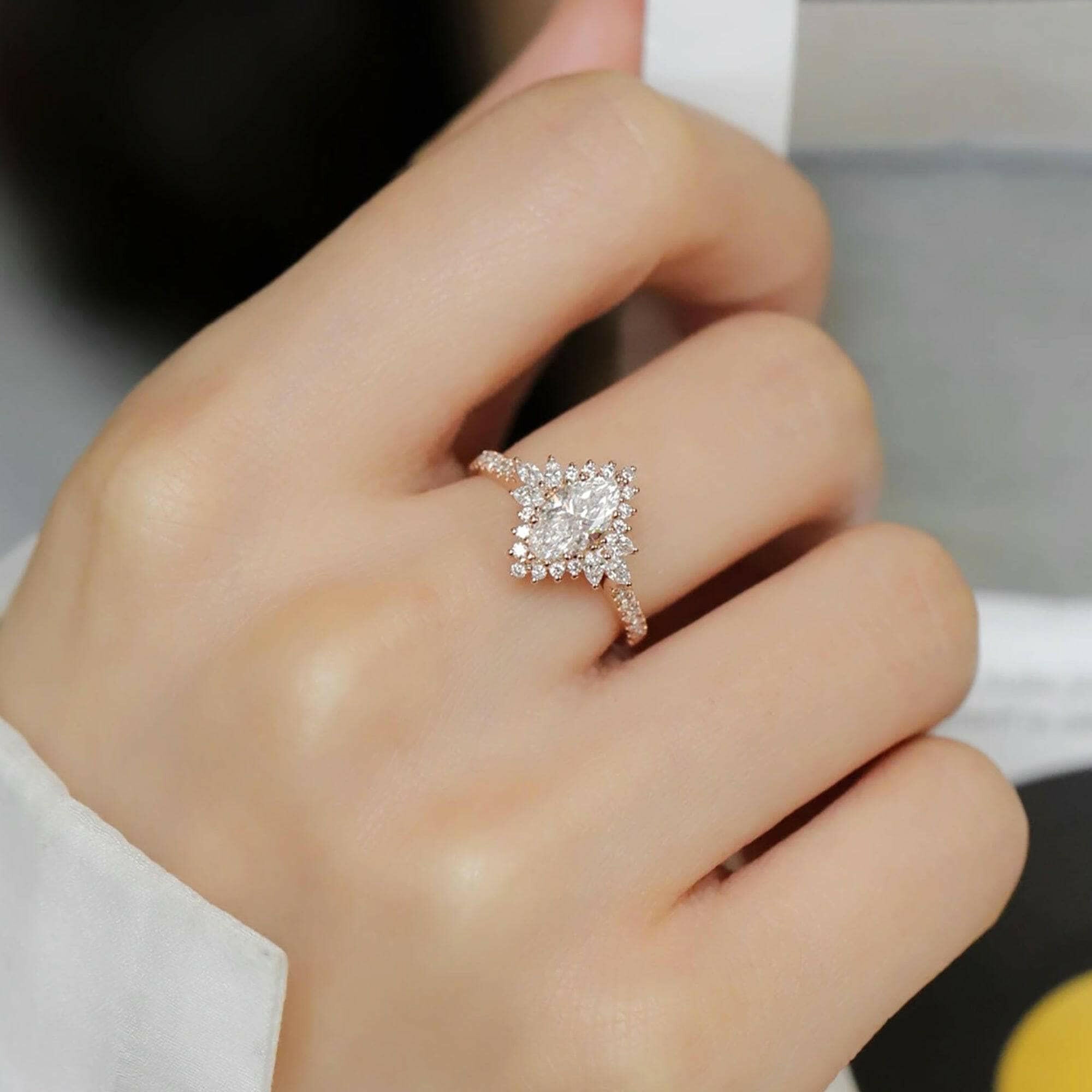 18k Yellow Gold Marquise Cut Diamond Halo Engagement Ring-Evani Naomi Jewelry