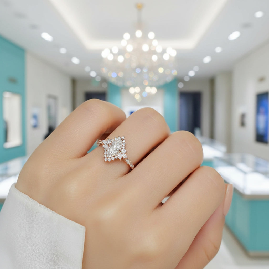 18k Yellow Gold Marquise Cut Diamond Halo Engagement Ring-Evani Jewelry