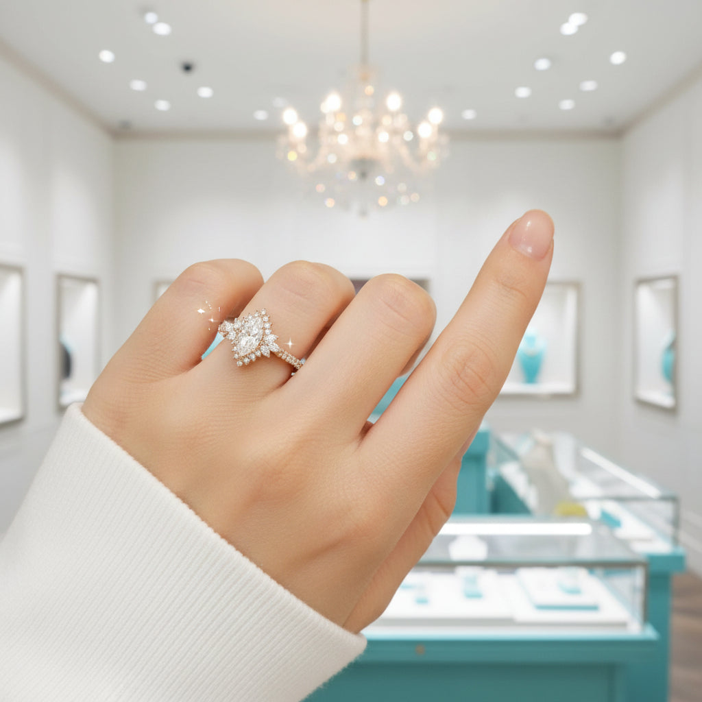 18k Yellow Gold Marquise Cut Diamond Halo Engagement Ring-Evani Jewelry