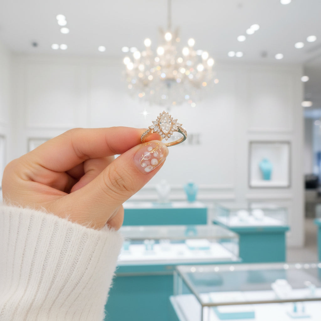 18k Yellow Gold Marquise Cut Diamond Halo Engagement Ring-Evani Jewelry