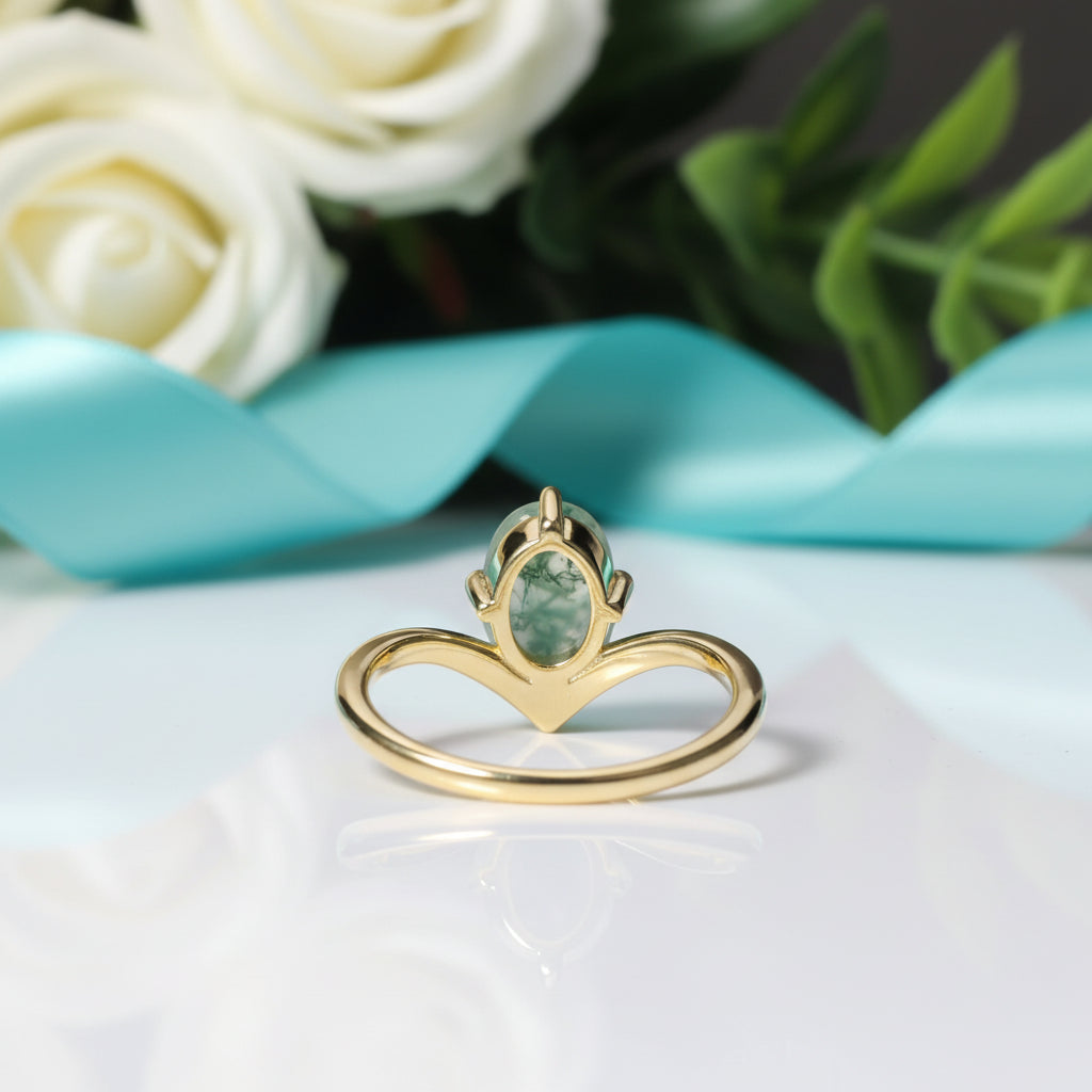 Thread of Destiny- Gold Curved Ring Oval Natural Moss Agate-Evani Jewelry