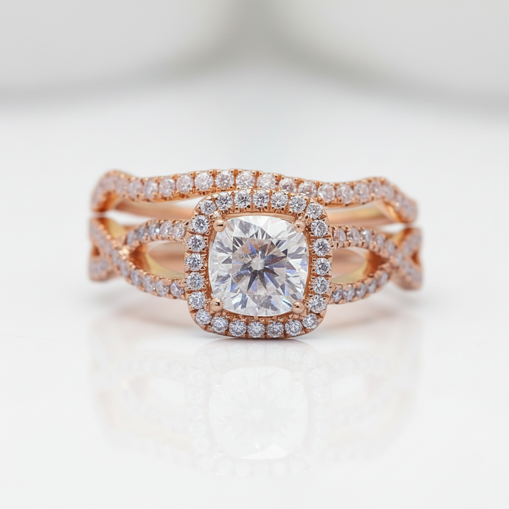 1.0 Ct Cushion Cut Diamond Option 18k Rose Gold Halo Engagement Ring - Evani Naomi Jewelry