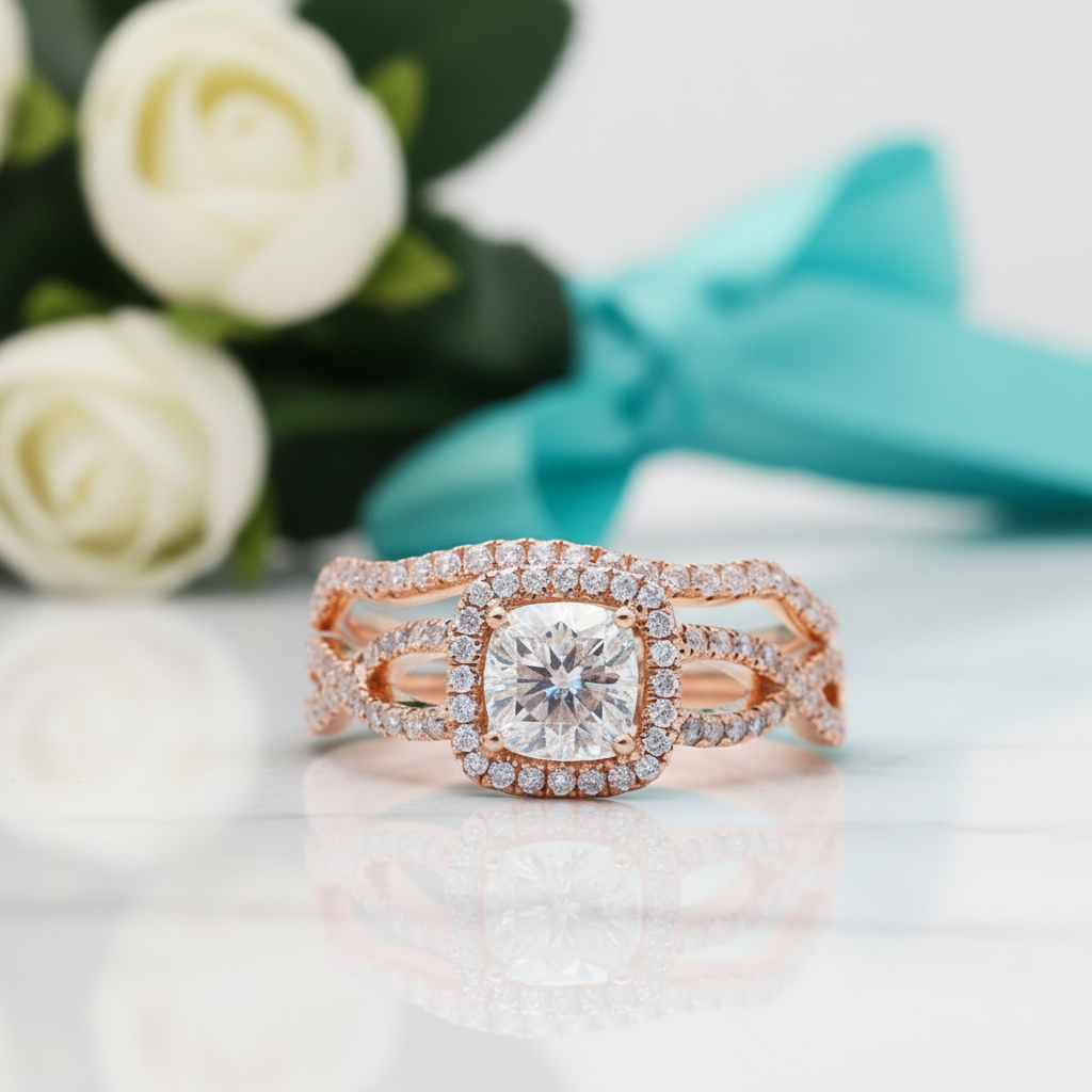 1.0 Ct Cushion Cut Diamond Option 18k Rose Gold Halo Engagement Ring - Evani Naomi Jewelry